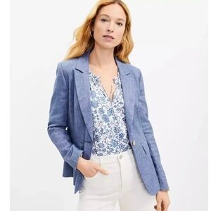 Loft Linen Blend Blazer Jacket Womens Sz 10 Blue Single Button Chambray